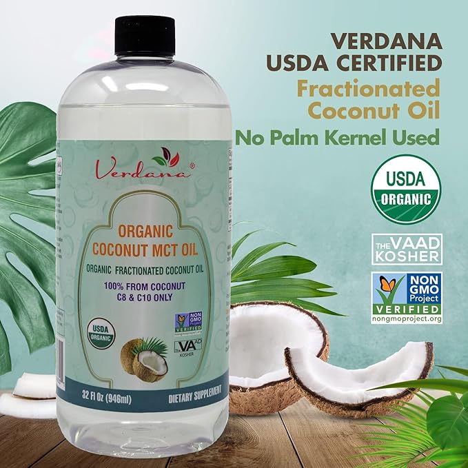 Verdana USDA Certified Organic Coconut MCT Oil –Fractionated Coconut Oil – No Palm Kernel Used – Kosher, Food Grade, Non-GMO – Great for Keto and Paleo Diets, Oil Pulling Rinse Mouthwash – 32 Fl Oz