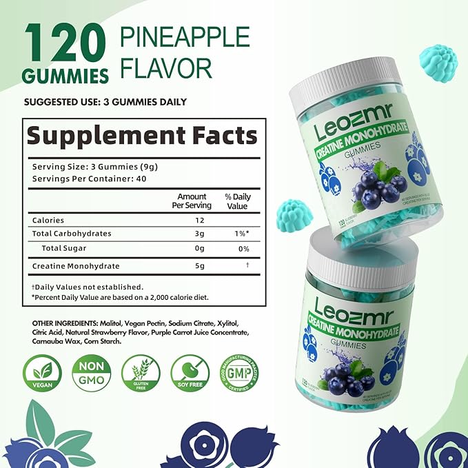 Creatine Monohydrate Gummies 5000mg for Men & Women, Chewables Creatine Monohydrate Supplement(120 Count)- Blueberry 120 Gummies
