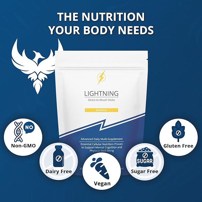 Lightning Daily Multivitamin Supplement - Vitamins and Minerals for Mental Function, Energy Support, and Physical Well-Being - Direct-to-Mouth, 30 Sticks - Banana