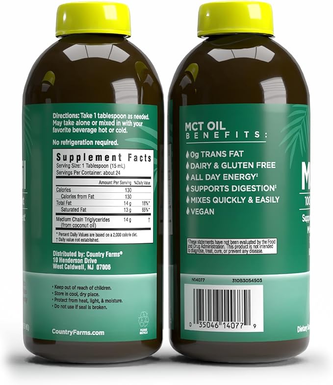 COUNTRY FARMS MCT Oil, Brain and Body Fuel from Coconuts*, Promotes Natural Energy, Keto and Paleo Friendly, Flavorless and Odorless, Non-GMO, 12 Fl Oz