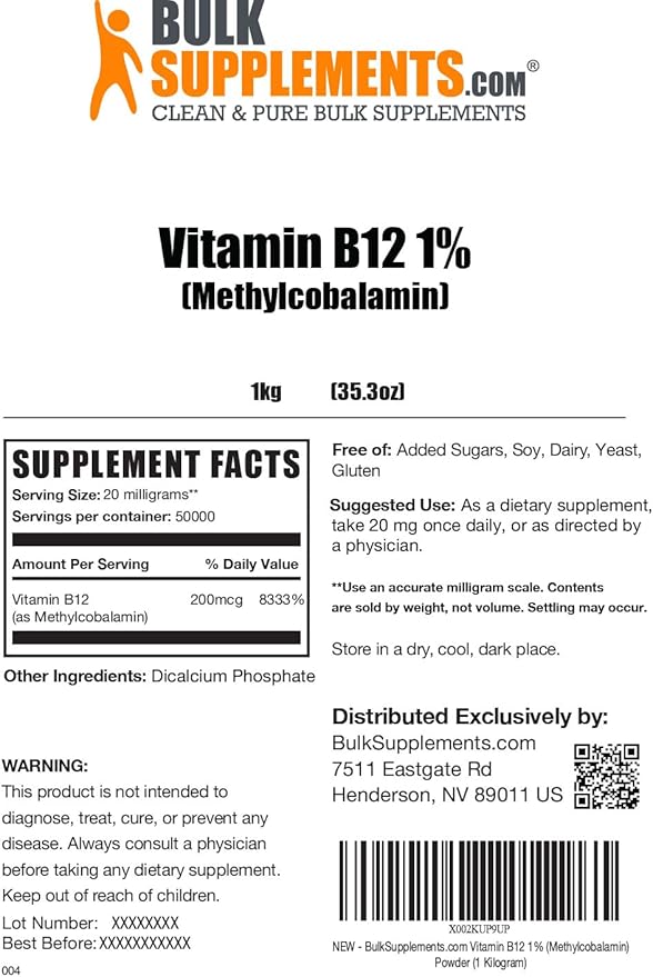 BulkSupplements.com Vitamin B12 1% Methylcobalamin Powder (5 Kilograms 11 lbs)