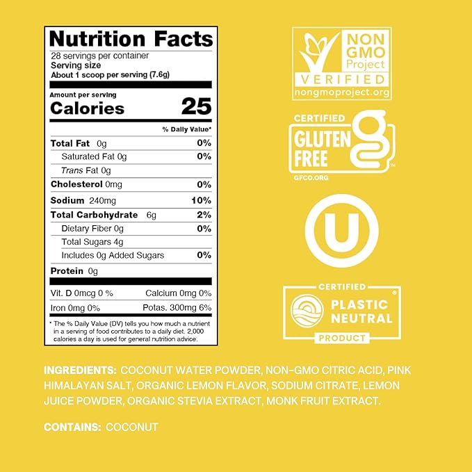 Cure Hydration | Plant-Based Electrolyte Drink Mix | No Added Sugar | FSA & HSA | Dehydration Relief Powder Made with Coconut Water | Non-GMO | Vegan | 28 Servings Jar - Lemonade