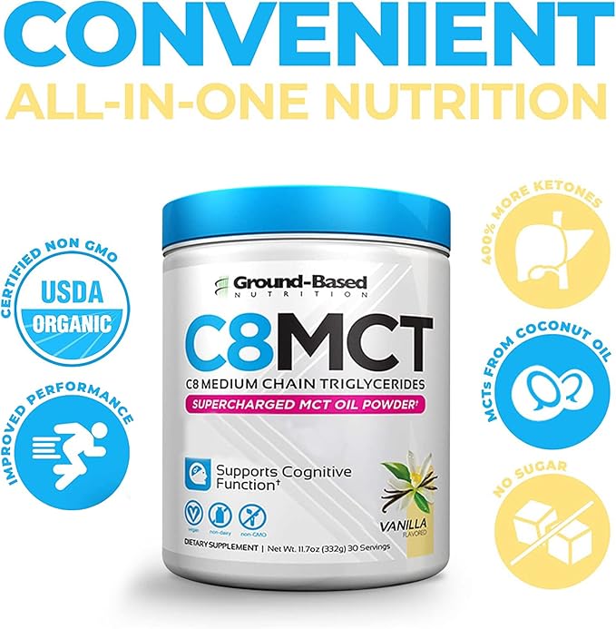 Ground-Based Nutrition C8 MCT Oil Powder – Supercharged Medium Chain Triglycerides MCT Oil Powder – Vegan-Friendly, Non-GMO Powdered C8 MCT Oil, Ketogenic MCT Coffee Creamer, No Stevia (Vanilla)