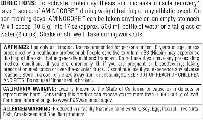 AMINOCORE BCAA – 8G BCAAs – 100% Pure Branch Chained Amino Acids – Gluten Free - Watermelon - 315 Gram