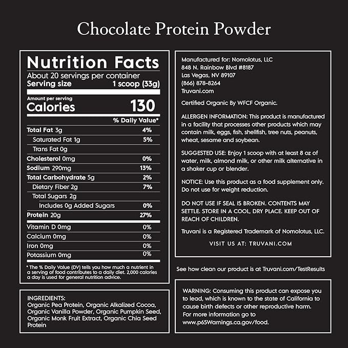 Truvani Vegan Pea Protein Powder 20g Organic 20 Servings