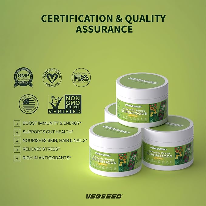 Immunity Greens Superfoods Powder,Immunity, Gut Health, Energy, Stress Relief, Skin, Nails, Hair, Improve Sleep, Overall Health, Multi-Vitamins&Minerals, 30SVG, 100 Grams
