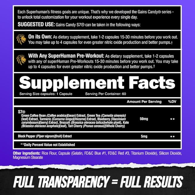 ALPHA LION Gains Candy, Supplement Pills for Muscle Pump & Blood Flow, Nitric Oxide Booster, Supports Mental Focus, Use Daily to Upgrade Workout Performance, 60 Capsules (S7)