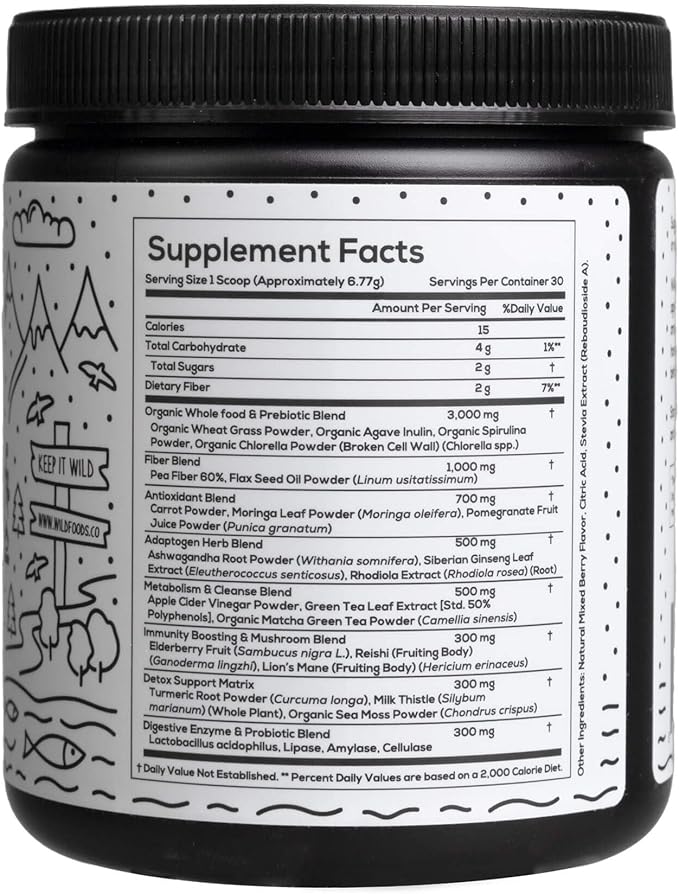Raw Super Greens Powder Daily Juice Drink with Probiotics and Digestive Enzyme Blend - Whole Food Sourced, 46 Plant-Based Nutrients, Non-GMO, Spirulina, Chlorella, Wheatgrass (30 Servings)