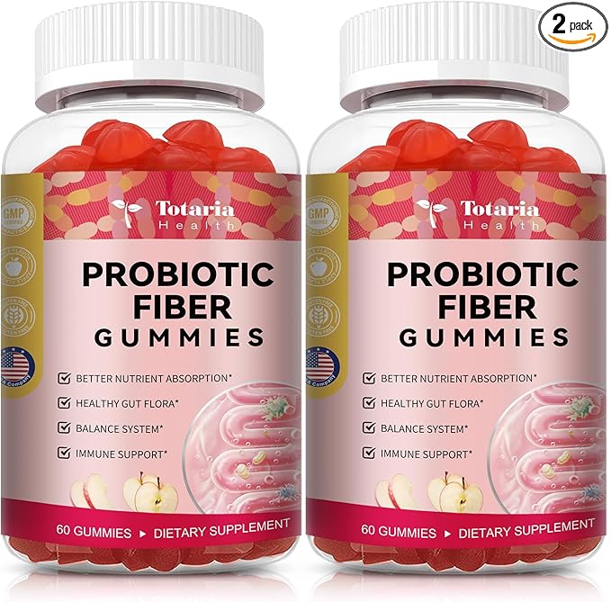 9-in-1 Probiotic Fiber Gummies for Adults & Teens 16G Fiber per Serving, Psyllium Fiber Supplement with 5 Billion CFU Bacillus Coagulans, Inulin, ACV for Digestive, Gut & Immune Wellness - 2 Bottles