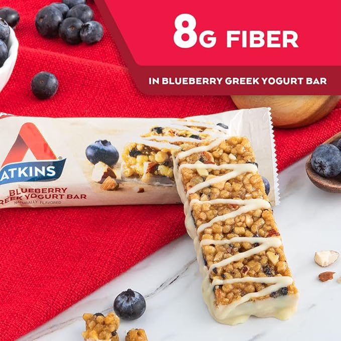 Atkins Blueberry Greek Yogurt Protein Meal Bar, High Fiber, 15g Protein, 3g Sugar, 5g Net Carbs, Meal Replacement, Keto Friendly, 5 Count