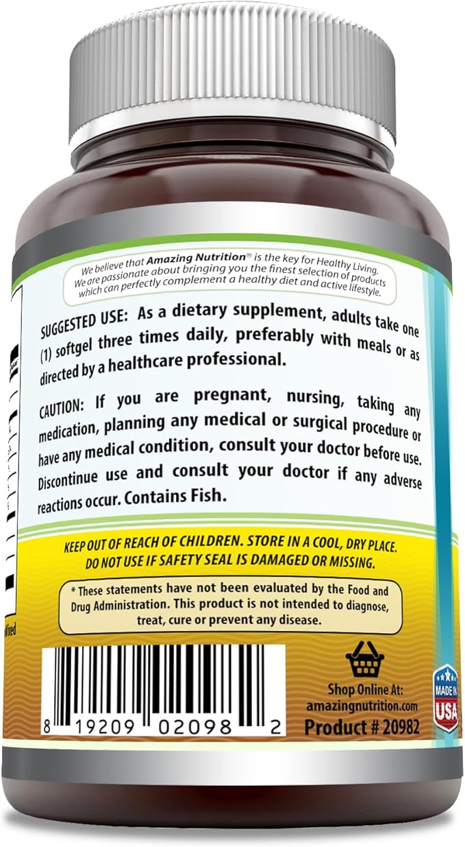 Amazing Omega Fish Oil 1000 mg Omega-3, 180 180 mg 120 mg (200 Count)