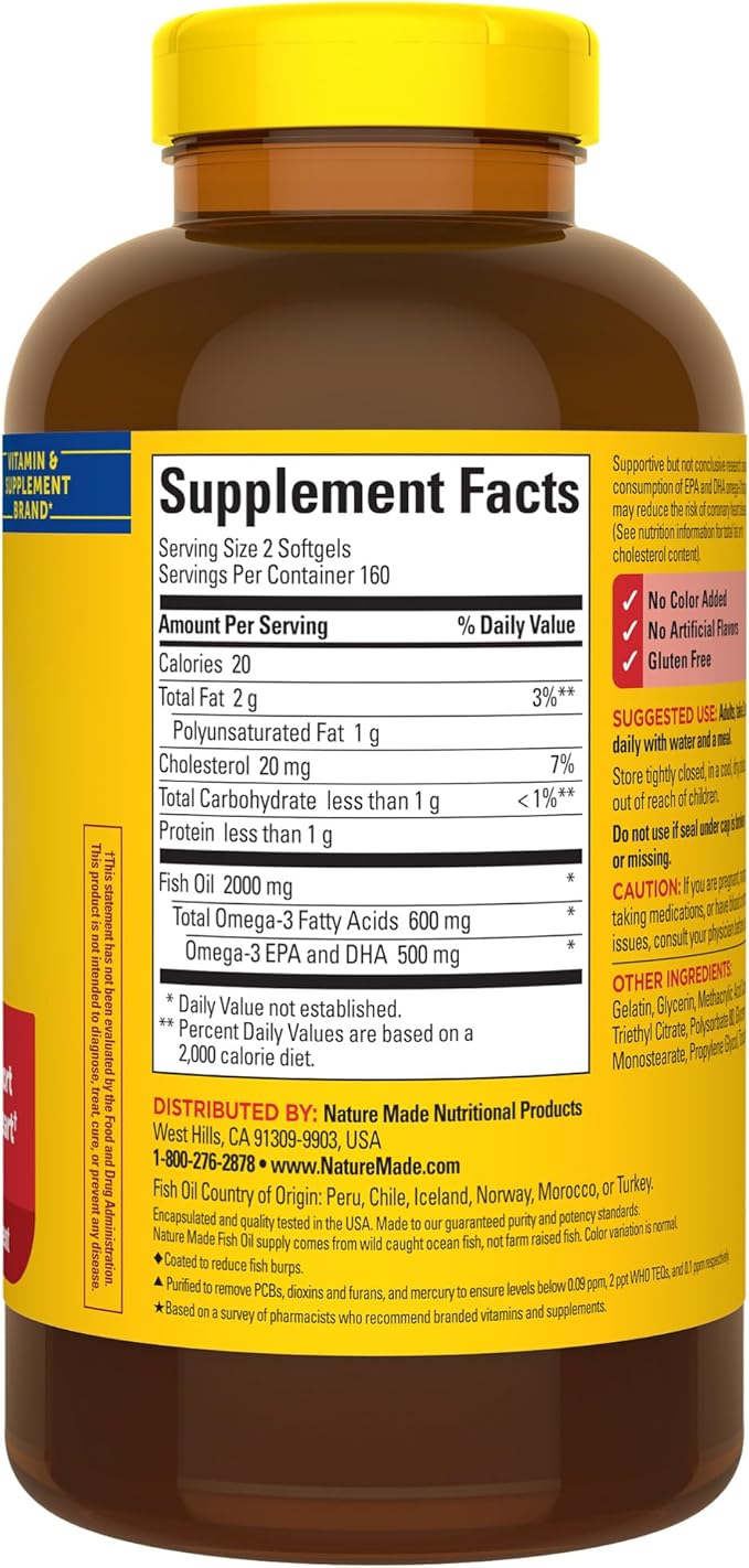 Nature Made Burp Less Fish Oil 1000 mg 3 Fish 3 Supplement 320 Softgels, 160 Day