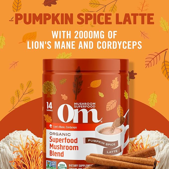 OM MUSHROOM SUPERFOOD, Organic Mushroom Pumpkin Spice Latte Blend, 4.44 Ounce