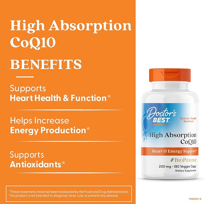 Doctor's Best High Absorption CoQ10 with BioPerine, Heart Health and Energy Production, Naturally Fermented, Non-GMO, Gluten & Soy Free, Vegan, 200 mg, Veggie Caps