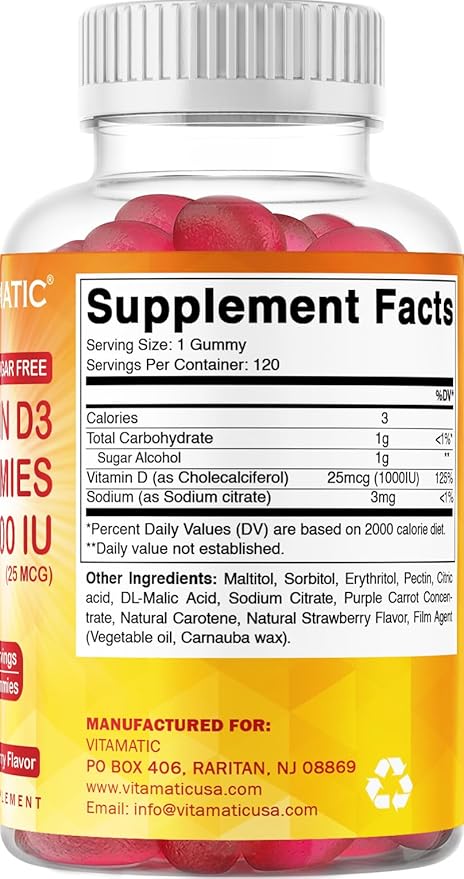 Vitamatic Sugar Free Vitamin D3-120 Pectin Based Gummies - Great Taste - Healthy Bones, Mood & Immune System Function - Non-GMO - 120 Servings (1000 IU)