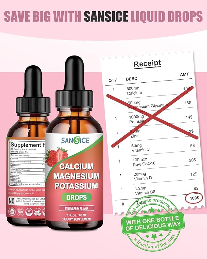Calcium Magnesium Potassium Supplements,Magnesium Glycinate 400mg (60ml/Strawberry Flavor)
