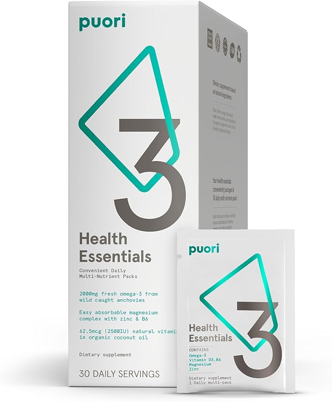Puori P3 Health Essentials - Multivitamins for Men and Women - 30 Servings - Omega 3, Vitamin D, Magnesium, Zinc - Multi-Nutrient for Brains and Energy