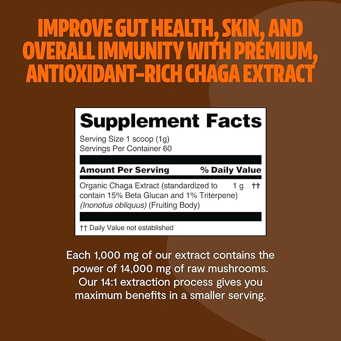 FreshCap Chaga Mushrooms Powder 14,000mg - Chaga Mushroom Powder, Chaga Mushrooms, Mushroom Supplement Powder Antioxidants Supplement Mushroom Extract, Ayurveda Nootropic Immune Support (60 Servings)