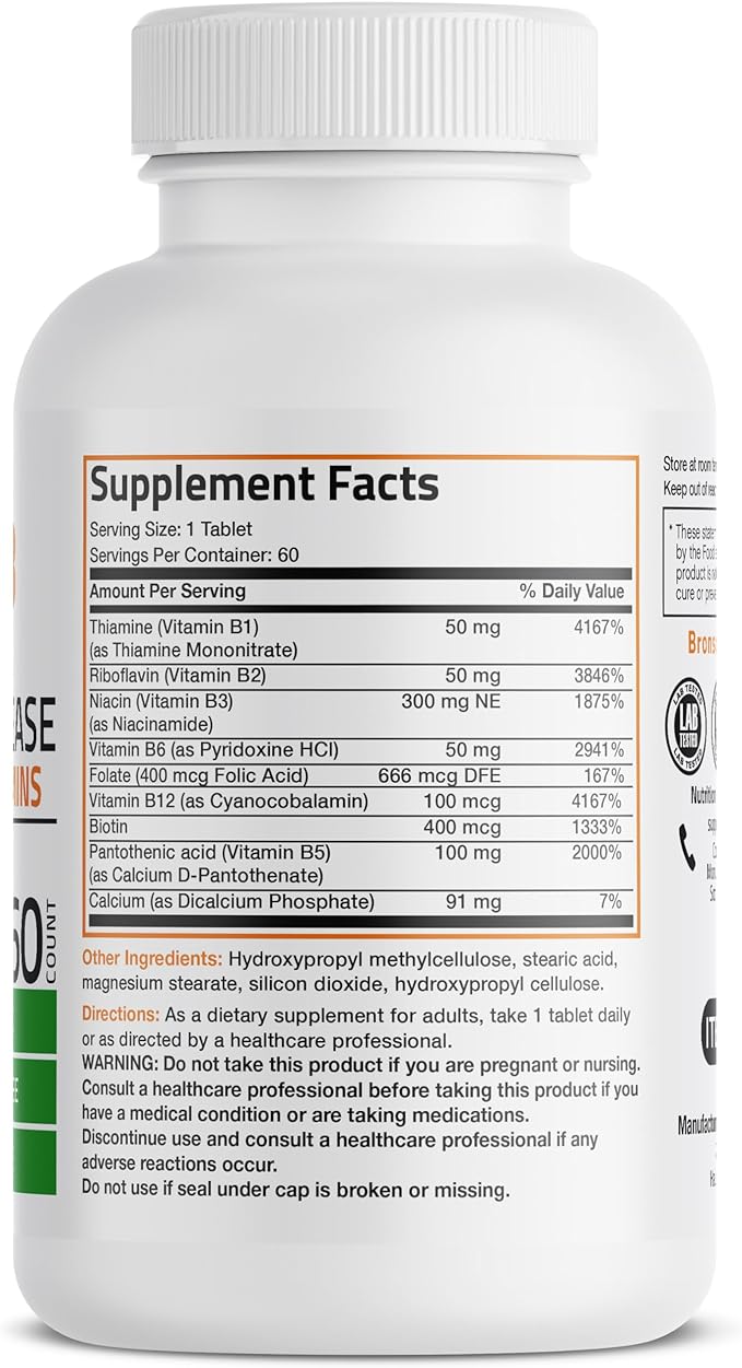 Bronson Super B Vitamin B Complex B1, B2, B2, B3, B3, B6, B6, B9 B9 - B12) Contains 60 Tablets