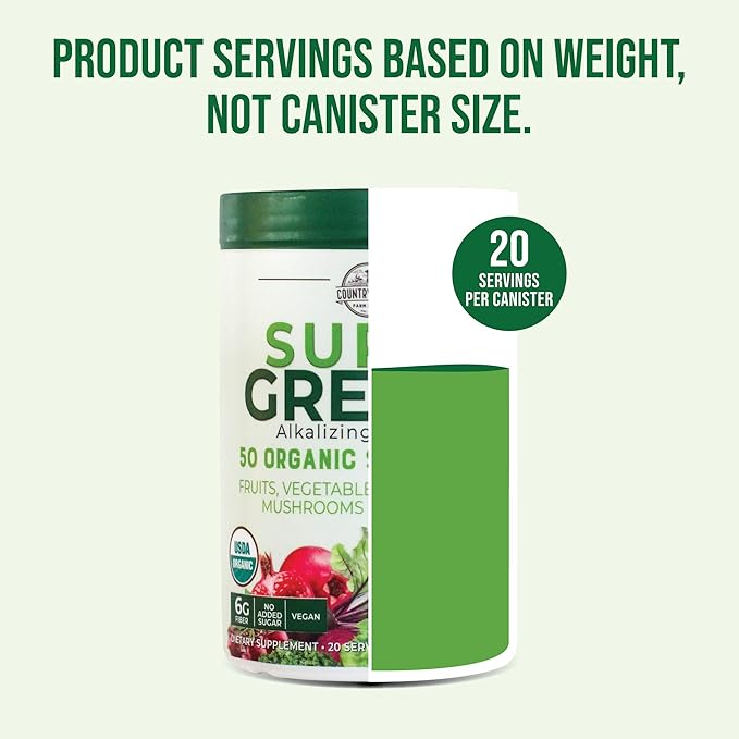 COUNTRY FARMS Super Greens Natural Flavor, 50 Organic 20 Servings, 10.6 Oz