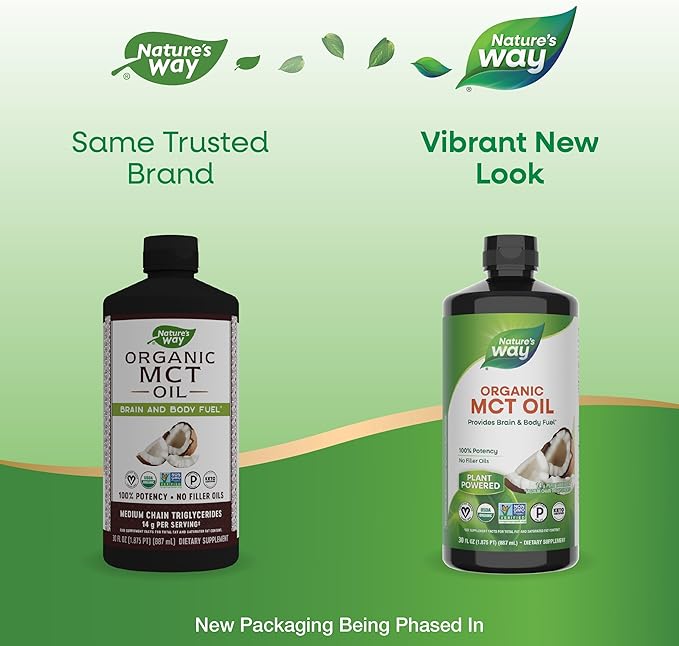 Nature's Way Organic MCT Oil, 30 Fl Oz, Brain and Body Fuel from Coconuts*, C8 Caprylic Acid and C10 Capric Acid, Keto and Paleo Certified, Organic, Non-GMO Project Verified (Packaging May Vary)
