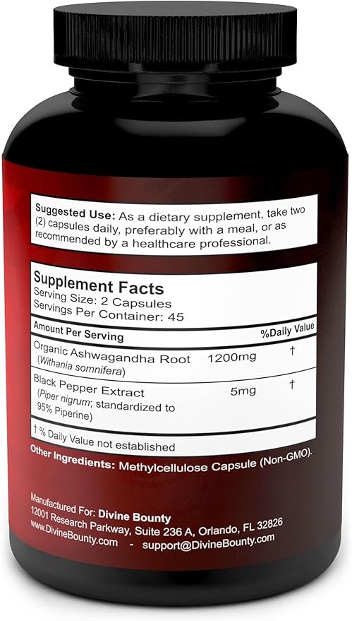 Divine Bounty Organic Ashwagandha Capsules 1200mg Ashwagandha 90 Veggie