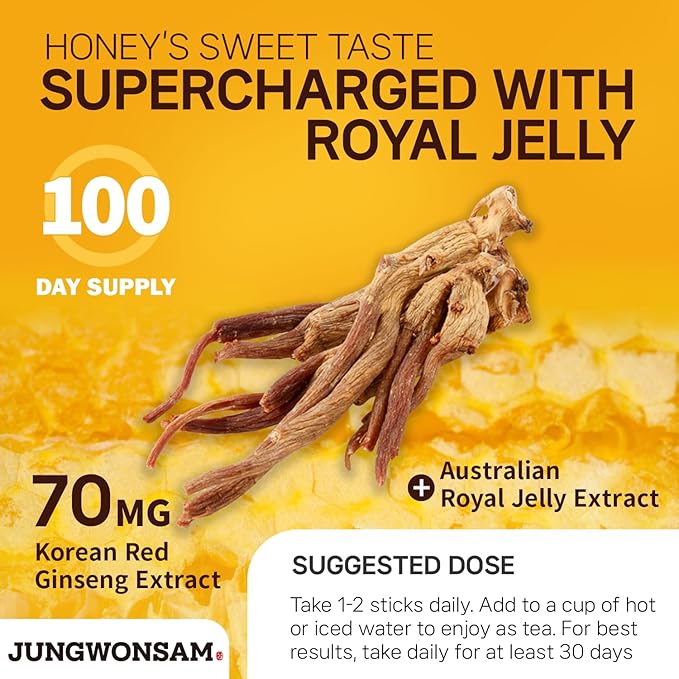 6-Year Korean Red Ginseng Extract & Royal Honey | 100 Sticks | Sweet Flavor | 70mg Ginseng, 15% Australian Honey | Energy, Focus, Fatigue, Immune Support | Daily Supplement for Men & Women