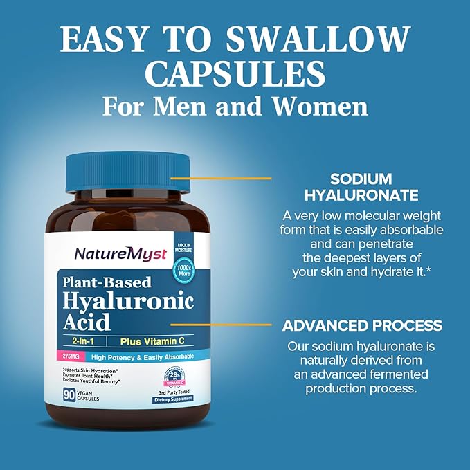 Hyaluronic Acid Supplement, with Vitamin C, 250mg Plant-Based HA, 90 Vegan Caps, for Joints, Skin & Eyes, Collagen Production, Easily Absorbable