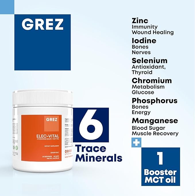 GREZ ELEC-Vital Electrolytes Powder No Sugar - Hydration Powder, Keto Electrolytes No Sugar - Complete Mineral Support, Sodium, Potassium, Magnesium, Zinc - - 30 Servings