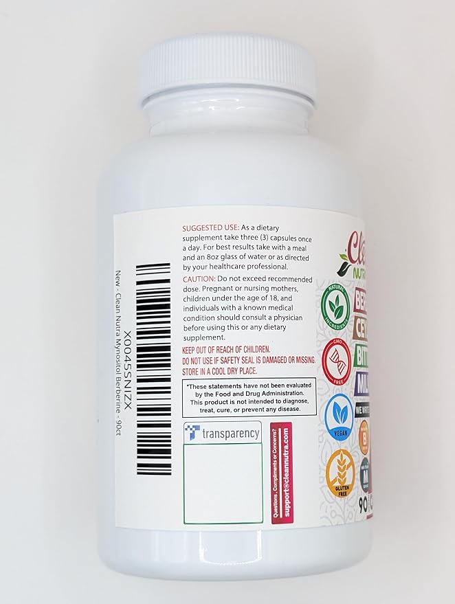 Clean Nutra Berberine Inositol Supplement with Ceylon Cinnamon, Bitter Melon, Gynema Sylvestre, Milk Thistle, Turmeric - 90 Vegan Vegetarian Capsules, Non-GMO, Gluten Free - Berberine for Women Men