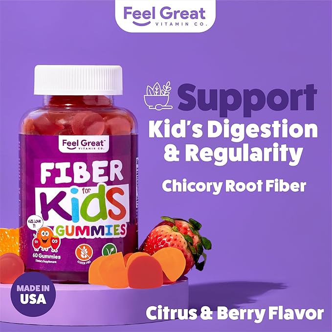 The Feel Great Vitamin Company Fiber Gummies for Kids for Digestive Support | Constipation Relief for Kids | Fruity Flavored Chewable Fiber Gummies | Vegetarian Supplements | 60 Day Supply