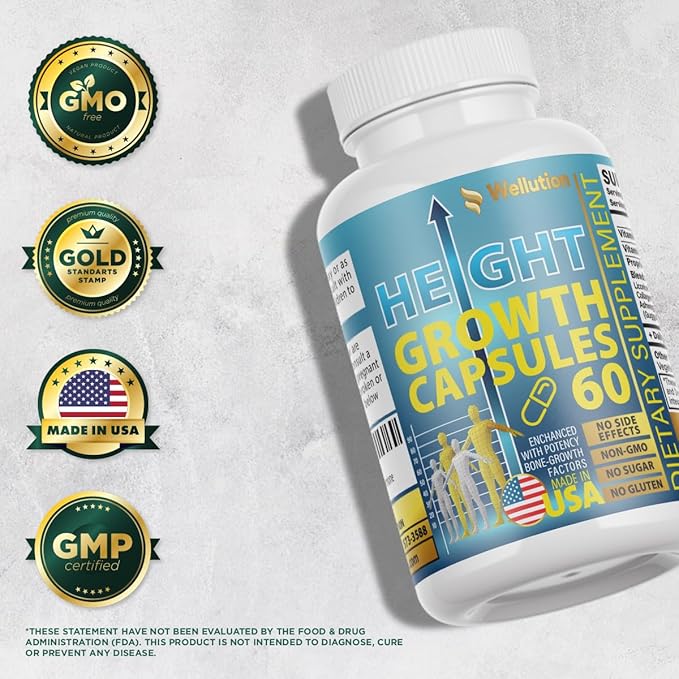 WELLUTION Height Growth Maximizer – Natural Supplement for Bone Strength & Support – Made in USA – Calcium-Enriched Pills