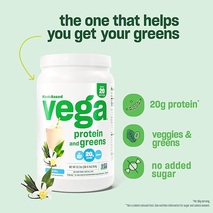 Vega Protein and Greens Protein Powder, Vanilla 20g Plant 21.7 Ounce