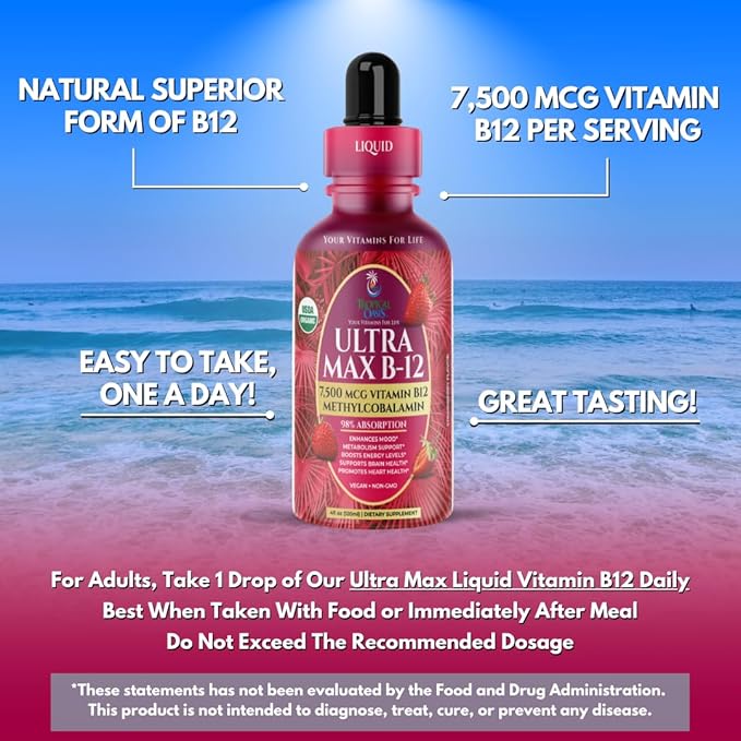 USDA Organic Ultra Max B12 | Superdose 7500mcg Vitamin B12 Liquid Drops | B12 as Methylcobalamin| Max 98% Absorption Rate | Promotes Energy| Vegan, Non-GMO, Strawberry flavor -4oz