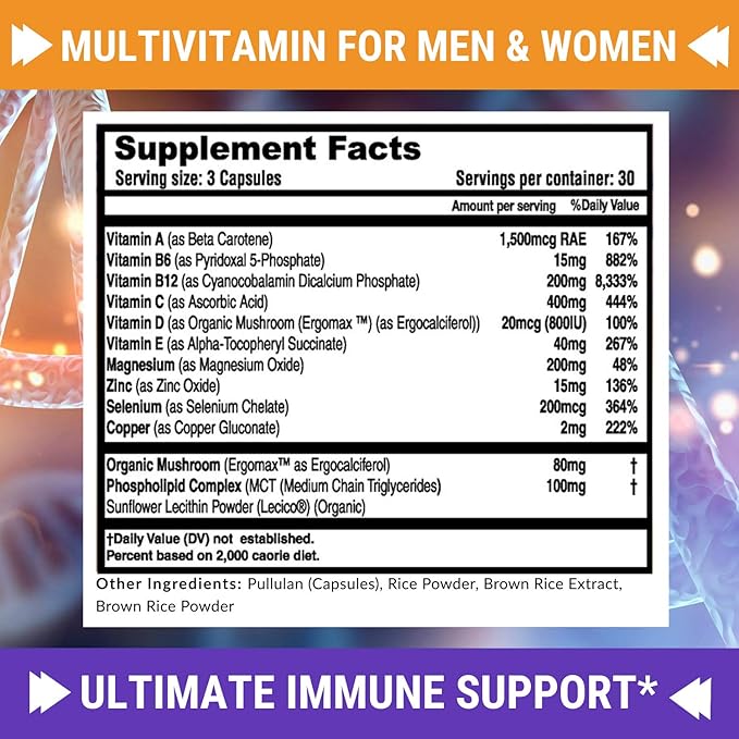 Immune Support Multivitamin for Men and B6, B12 B12 - 90 Vegan