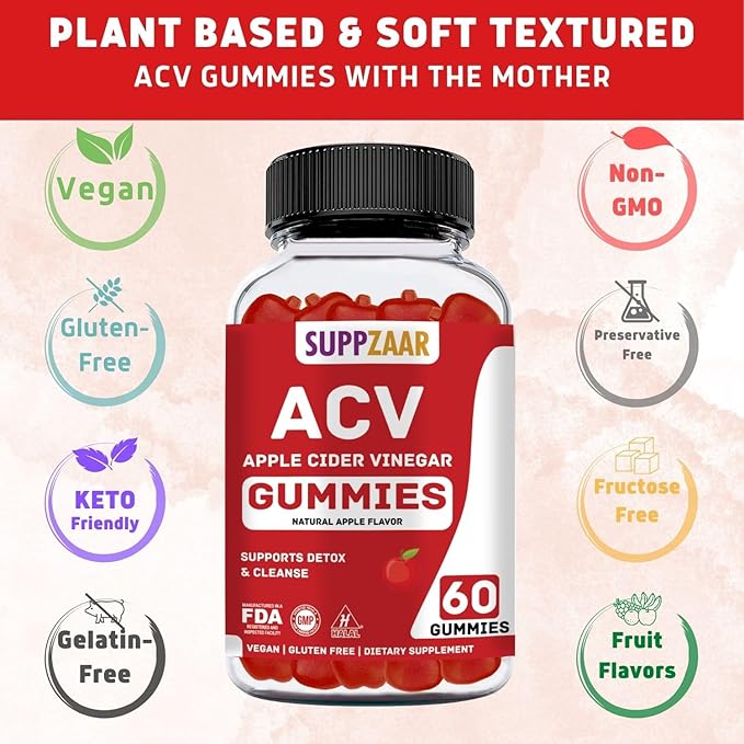 Vegan Apple Cider Vinegar Gummies with The Mother, 500mg 60 Servings - ACV Gummies for Natural Detox & Cleanse Immune System, Digestion - Alternative to Apple Cider Vinegar Capsules