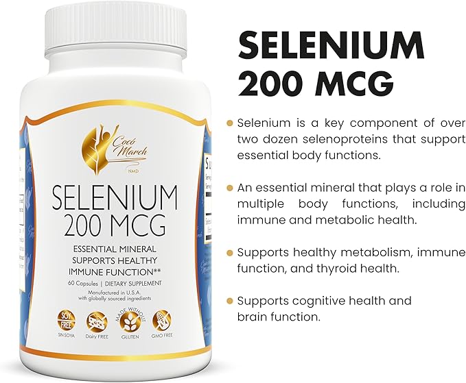 Coco March Selenium - Essential Mineral for Thyroid Health -200 mcg- 3 Month Supply -Gluten Free, Soy Free, Dairy Free, GMO Free, Vegan - 90 Capsules