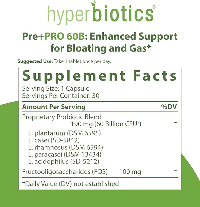 Hyperbiotics Pre Pro Vegan Probiotics + Prebiotics 60 Billion 30 Capsules