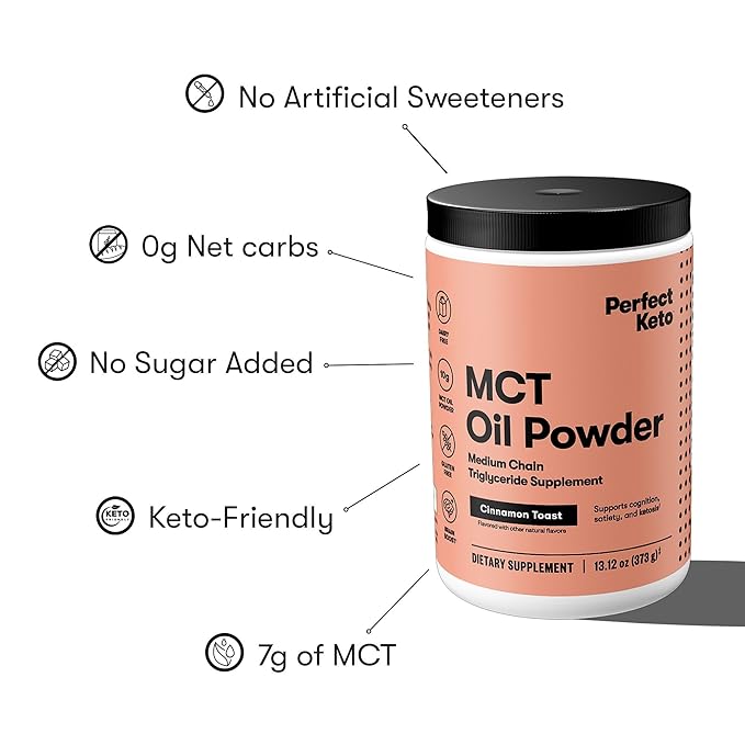 Perfect Keto 7g MCT Oil Powder, Medium Chain Triglycerides Supplement, Non Dairy Coffee Creamer for Keto Diet, Ketogenic MCT Oil Mix for Coffee, Smoothie, Protein Shakes, Cinnamon Toast, 30 Servings