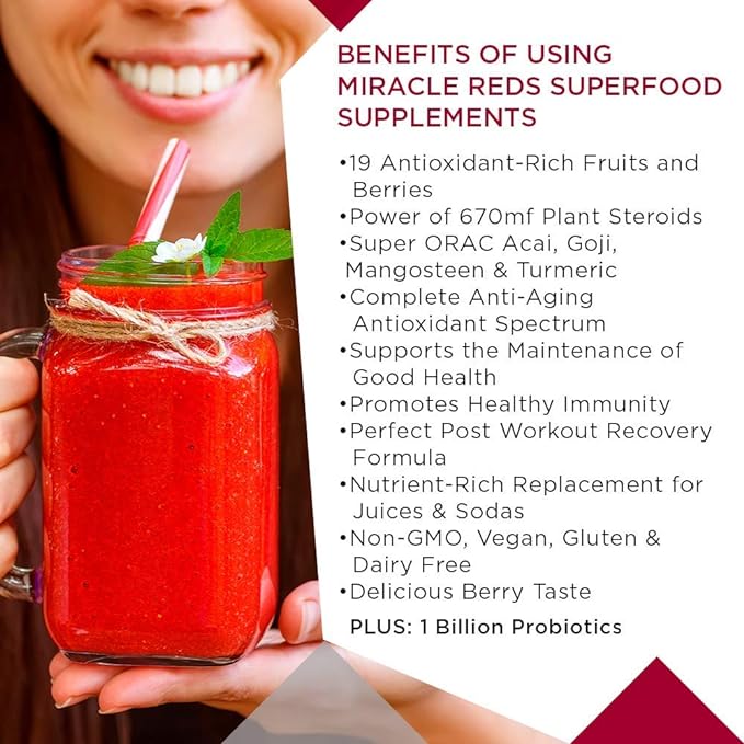 MacroLife Naturals Miracle Reds Superfood Supplement Powder Antioxidants Polyphenols Enzymes Probiotics - Raw Non-GMO Organic Vegan Gluten & Dairy Free (30 Servings)