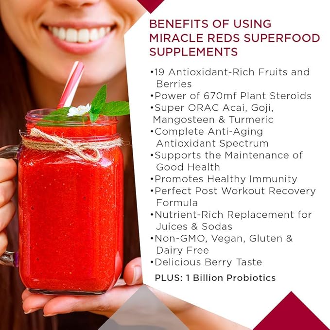 MacroLife Naturals Miracle Reds Superfood Supplement Powder Antioxidants Polyphenols Enzymes Probiotics - Raw Non-GMO Organic Vegan Gluten & Dairy Free - 30oz (90 Servings) 30oz
