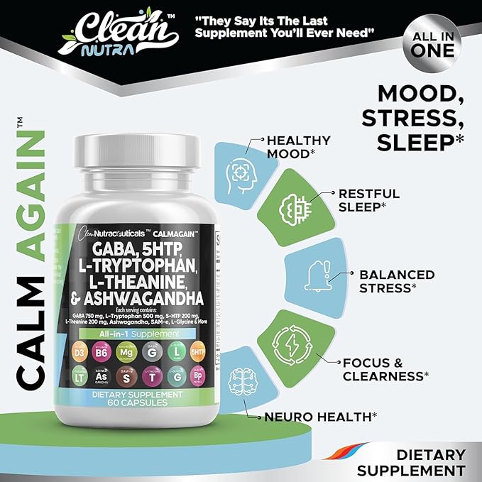 Clean Nutraceuticals GABA 750mg 5 HTP 200mg L 500mg L 200mg Ashwagandha 3000mg SAM-e