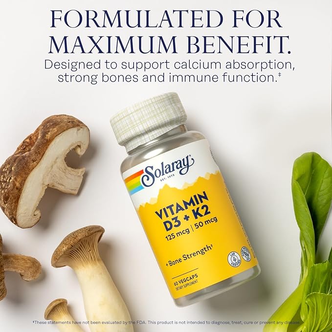 SOLARAY Vitamin D3 K2 5000 IU D3 and 50 mcg K2 as MK7 - 60-Day Guarantee, 60 Serv, 60 VegCaps
