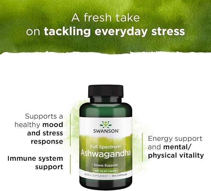 Swanson Ashwagandha Powder Supplement-Ashwagandha Root Supplement (100 Capsules, 450mg Each) 3 Pack