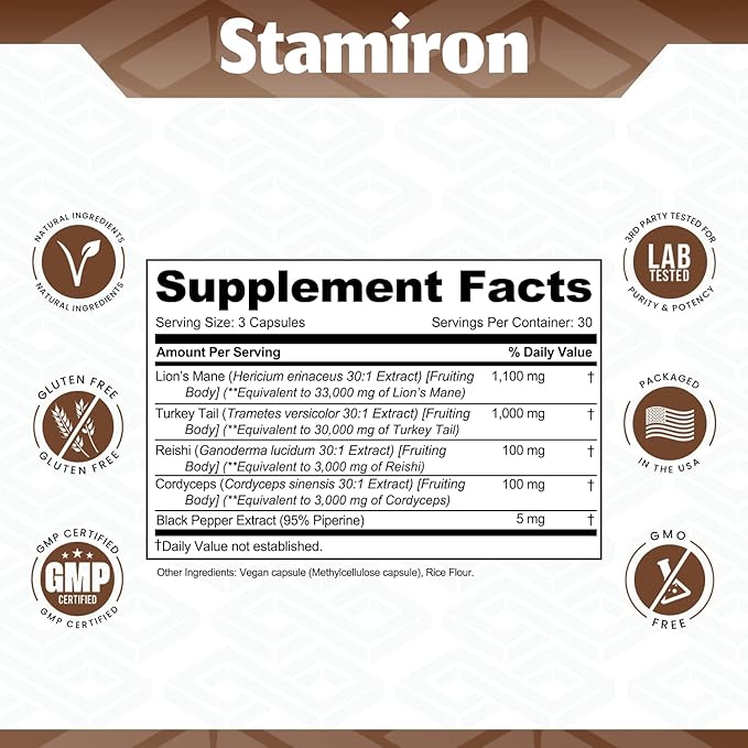 Stamiron Lions Mane Supplement Turkey Tail Mushroom Capsules with Cordyceps Extract & Reishi Mushrooms - Alt to Mushroom Gummies, Mushroom Powder, Mushroom Coffee - 90 Count