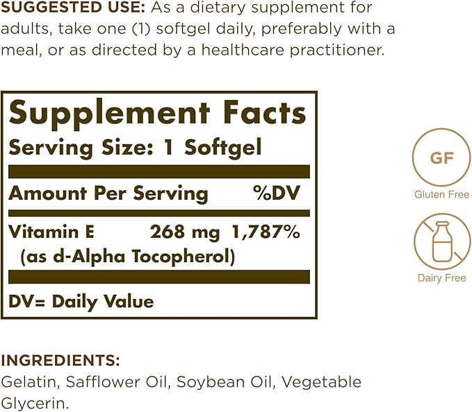SOLGAR Vitamin E 268 mg (400 IU) 250 Softgels 250 Servings