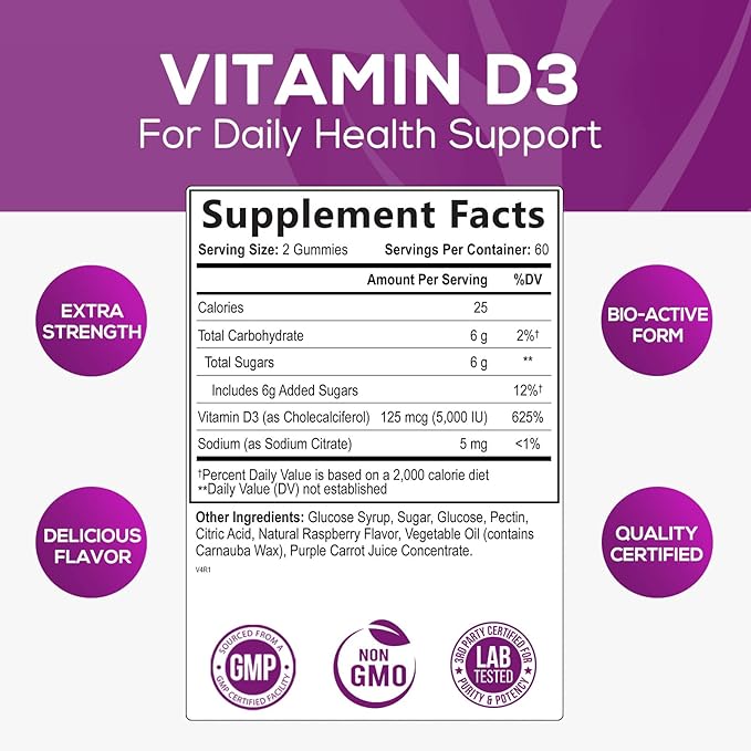 Vitamin D3 Gummies Extra Strength 5000 (125 mcg) 120 Gummies