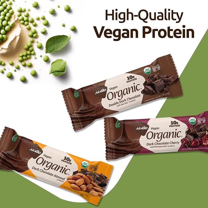 NuGo Organic Double Dark Chocolate with Sea Salt, 10 Protein Bar, Vegan, Gluten Free, Non-GMO, Kosher Pareve, 12 Count