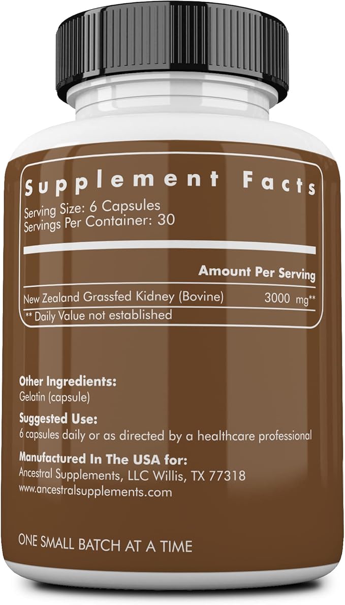 Ancestral Supplements Grass Fed Beef Kidney Supplement, 3000mg, DAO Enzyme Supplement, Kidney Support for Urinary and Histamine Health, Selenium, B12, Non GMO, 180 Capsules
