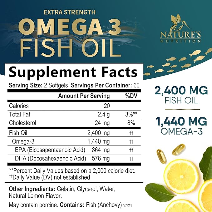 Triple Strength Omega 3 Fish Oil 2400 mg 1200 MG Omega-3 Supplement 120 Fish
